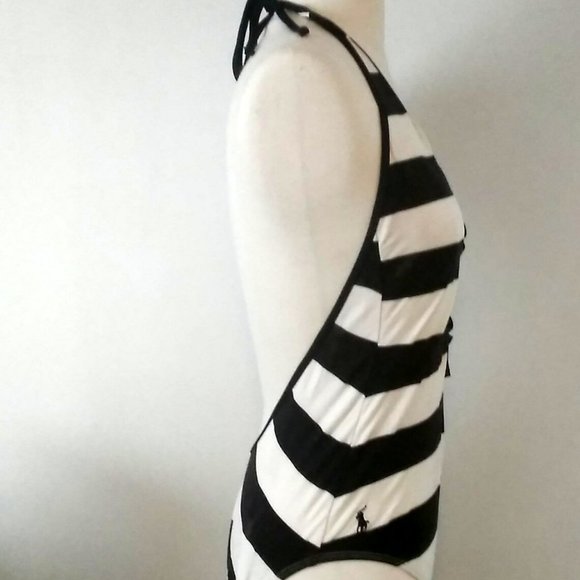 1990s Vintage Sailor Stripes Halter Lowcut Ralph Lauren Bathing/Swimsuit Petites - Picture 3 of 4
